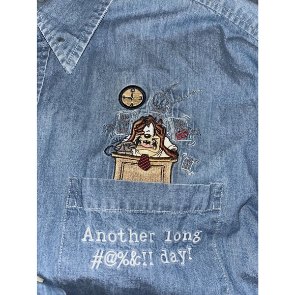 WARNER BROTHERS Tasmanian Devil Another Long #@%&!! Day! Denim Button Up Adult M - Picture 4 of 9